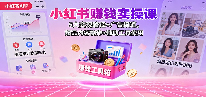 小红书赚钱实操课：5大变现路径+广告渠道，爆品内容制作+辅助工具使用-北风网赚