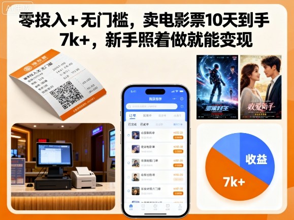 零投入+无门槛,卖电影票10天到手7k+,新手照着做就能变现【揭秘】-北风网赚