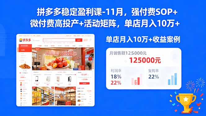 拼多多稳定盈利课-11月,强付费SOP+微付费高投产+活动矩阵,单店月入10w+-北风网赚