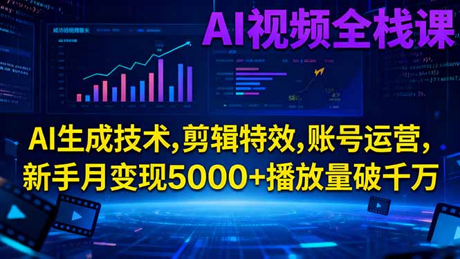 AI视频全栈课:AI生成技术,剪辑特效,账号运营,新手月变现5000+播放量破千万-北风网赚