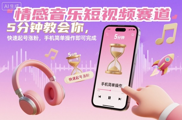 情感音乐短视频赛道，5分钟教会你，快速起号涨粉，手机简单操作即可完成-北风网赚