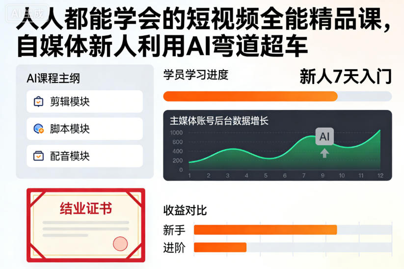 人人都能学会的短视频全能精品课，自媒体新人利用AI弯道超车-北风网赚