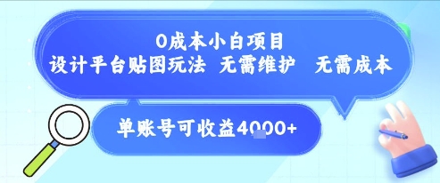 0成本小白项目，设计平台贴图玩法，无需维护，无需成本，单账号单月可产生收益4k+-北风网赚