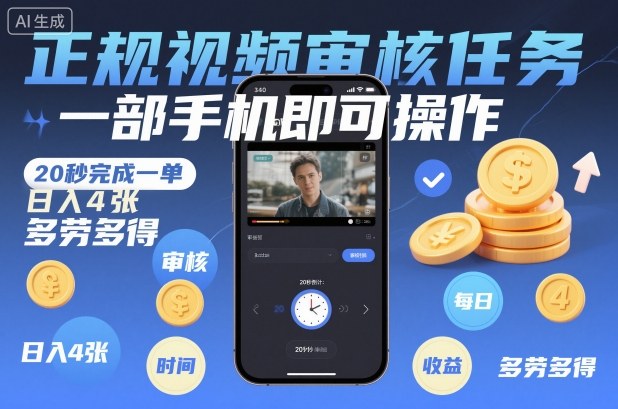 正规视频审核任务，一部手机即可操作，20秒完成一单，日入4张，多劳多得【揭秘】-北风网赚