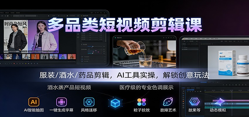 多品类短视频剪辑课:服装/酒水/药品剪辑,AI工具实操,解锁创意玩法-北风网赚