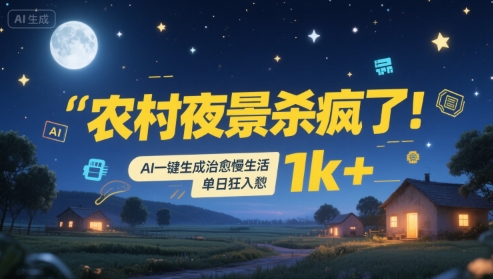 农村夜景杀疯了!AI一键生成治愈系慢生活,单日狂入1k+-北风网赚