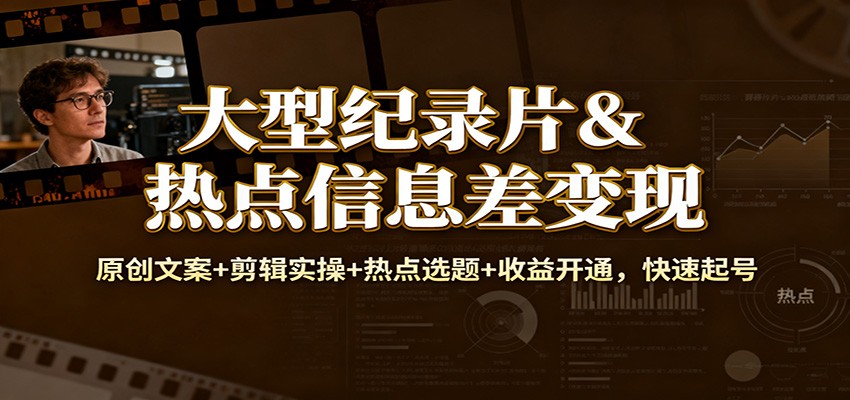 大型纪录片&热点信息差变现：原创文案+剪辑实操+热点选题+收益开通，快速起号-北风网赚