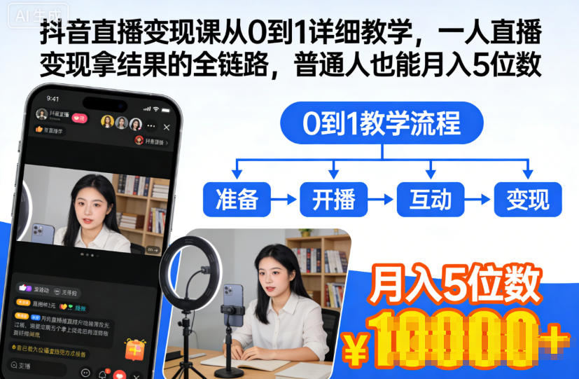 抖音直播变现课从0到1详细教学，一人直播变现拿结果的全链路，普通人也能月入5位数-北风网赚