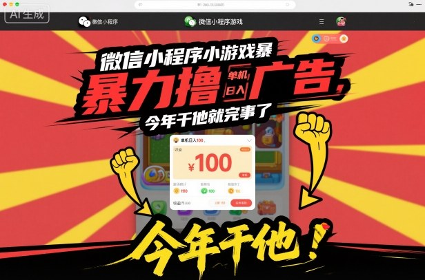 微信小程序小游戏暴力撸广告，单机日入100，今年干他就完事了-北风网赚