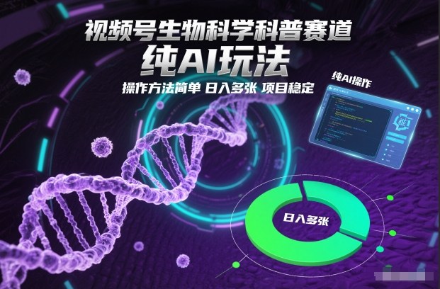 视频号生物科学科普赛道，纯AI玩法，操作方法简单，日入多张，项目稳定-北风网赚