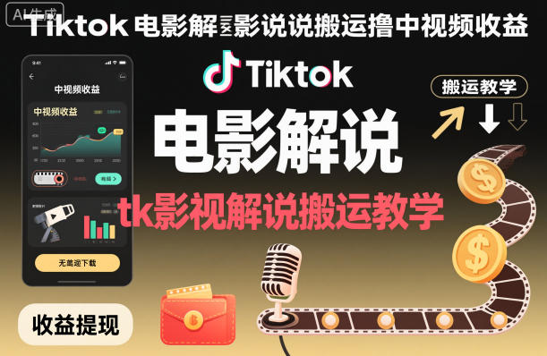 Tiktok电影解说搬运撸中视频收益,tk影视解说搬运教学-北风网赚