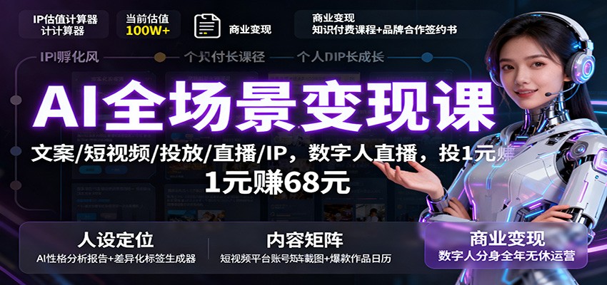 AI全场景变现课:文案/短视频/投放/直播/IP,数字人直播,投1元赚68元-北风网赚