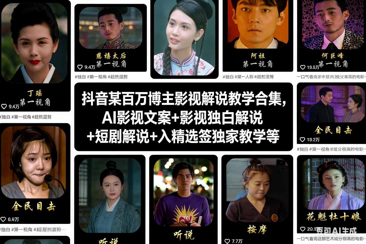 抖音某百万博主影视解说教学合集，AI影视文案+影视独白解说+短剧解说+入精选签独家教学等-北风网赚