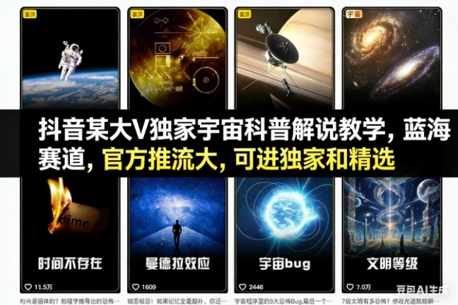 抖音某大V独家宇宙科普解说教学,蓝海赛道,官方推流大,可进独家和精选-北风网赚