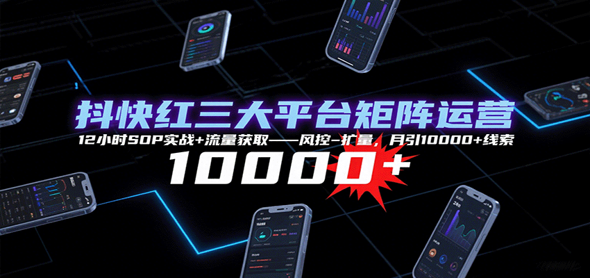 抖快红三大平台矩阵运营，12小时SOP实战+流量获取-风控-扩量，月引10000+线索-北风网赚