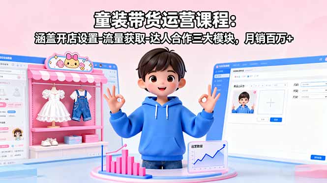 童装带货运营课程：涵盖开店设置-流量获取-达人合作三大模块，月销百万+-北风网赚