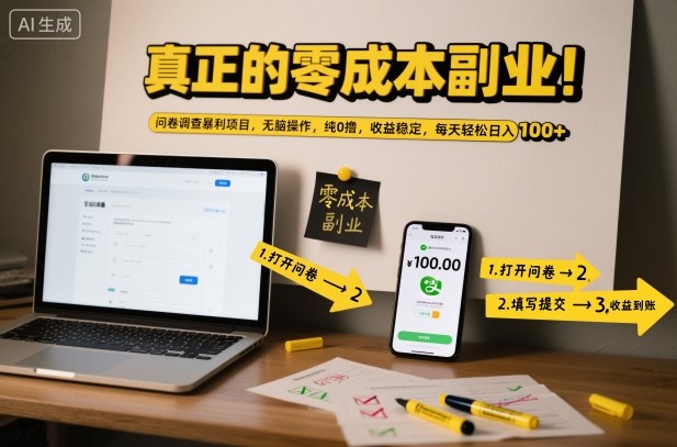 真正的零成本副业！问卷调查暴利项目，无脑操作，纯0撸，收益稳定，每天轻松日入100+【揭秘】-北风网赚