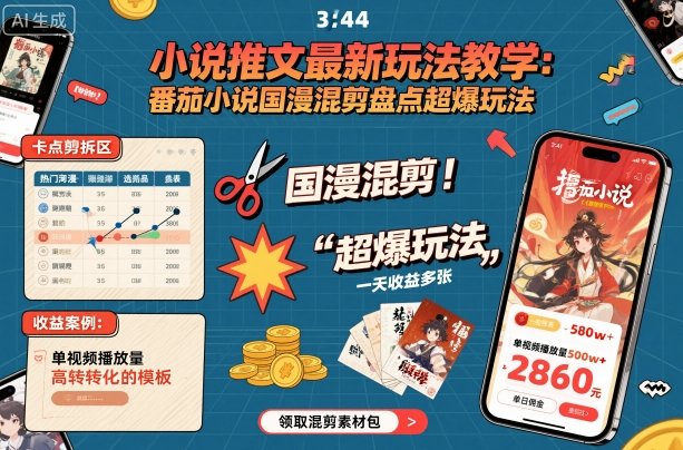 小说推文最新玩法教学，番茄小说国漫混剪盘点超爆玩法，全程干货，一天收益多张-北风网赚