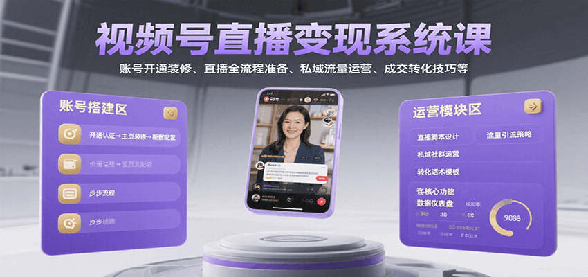 视频号直播变现系统课，账号开通装修、直播全流程准备、私域流量运营、成交转化技巧等-北风网赚