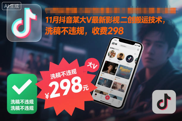 11月抖音某大V最新影视二创搬运技术,洗稿不违规,收费298-北风网赚