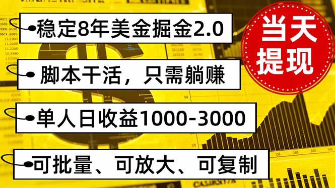 稳定8年美金掘金2.0脚本干活,只需躺赚。单人日收益1000-3000可批量、…-北风网赚