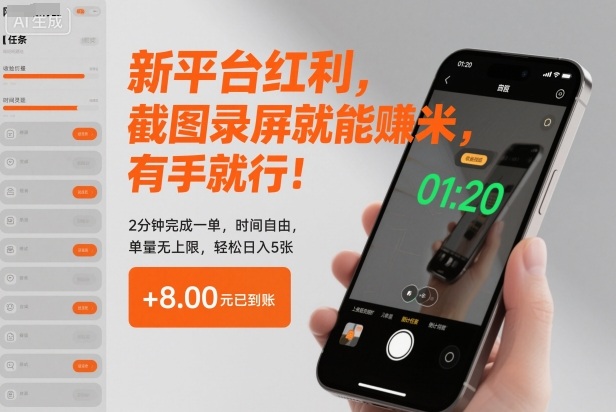 新平台红利,截图录屏就能賺米,有手就行!2分钟完成一单,时间自由,单量无上限,轻松日入5张【揭秘】-北风网赚