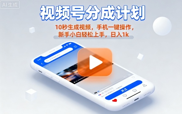 视频号分成计划懒人玩法，10秒生成视频，手机一键操作，新手小白轻松上手，日入1K【揭秘】-北风网赚