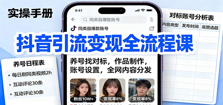 抖音引流变现全流程课:养号找对标,作品制作,账号设置,全网内容分发-北风网赚