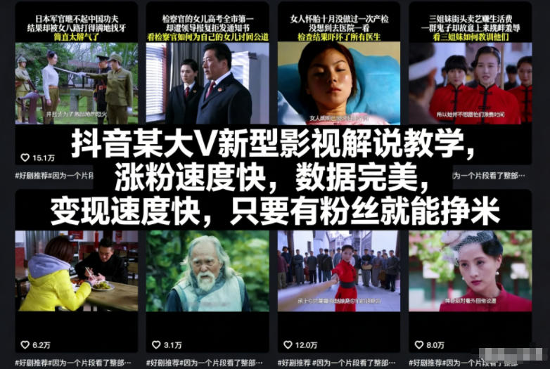 抖音某大V新型影视解说教学，涨粉速度快，数据完美，变现速度快，只要有粉丝就能挣米-北风网赚
