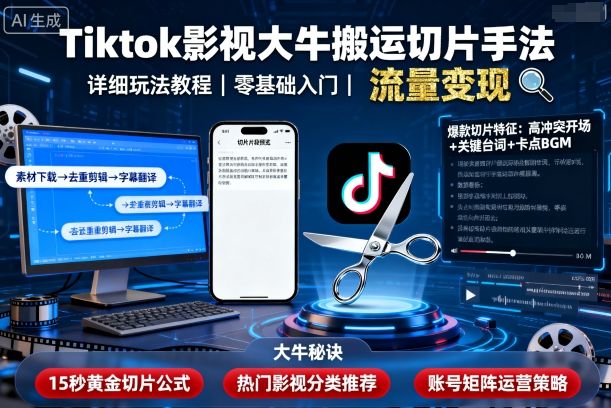 Tiktok影视大牛搬运切片手法,详细玩法教程-北风网赚