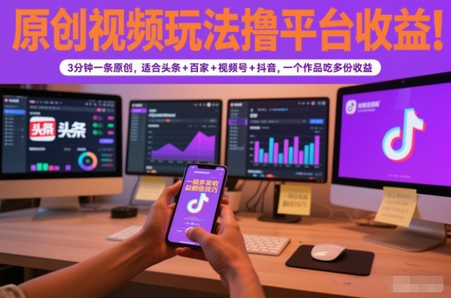 原创视频玩法撸平台收益，3分钟一条原创，适合头条+百家+视频号+抖音，一个作品吃多份收益-北风网赚