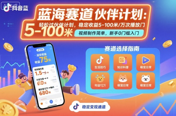 抖音蓝海赛道，轻松过伙伴计划，视频制作简单，万次播放收益在5-100米，稳定收益-北风网赚