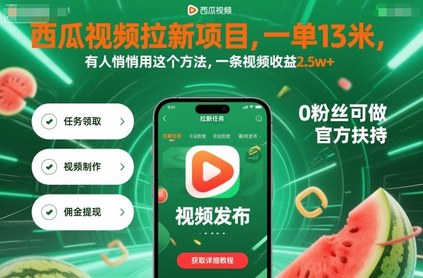 西瓜视频拉新项目，一单13米，有人悄悄用这个方法，一条视频收益2.5w+(附详细教程)-北风网赚