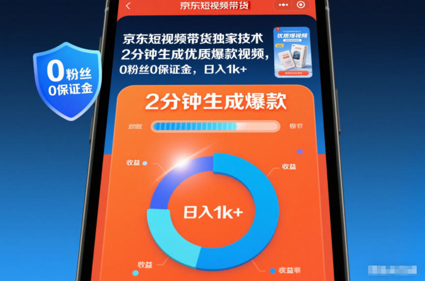 京东短视频带货独家技术,2分钟生成一条优质爆款视频,0粉丝0保证金,日入1k+【揭秘】-北风网赚