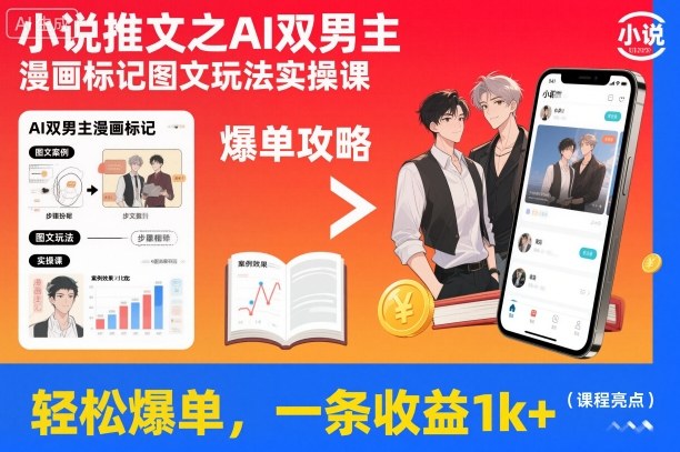 小说推文之AI双男主漫画标记图文玩法实操课，轻松爆单，一条收益1k+-北风网赚