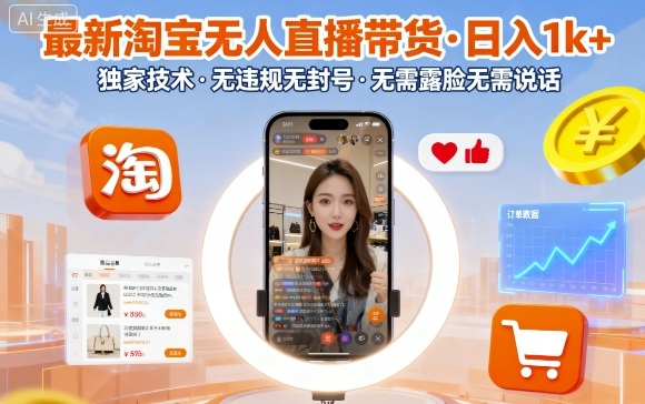 最新淘宝无人直播带货，日入1k+，独家技术，无违规无封号，无需露脸无需说话【揭秘】-北风网赚