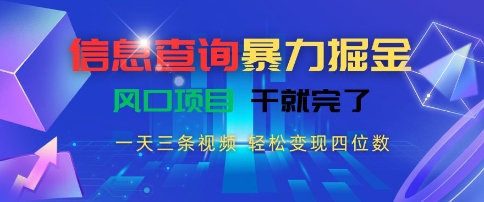 信息查询暴力掘金,一天三条视频,轻松变现四位数,风口项目干就完了【揭秘】-北风网赚