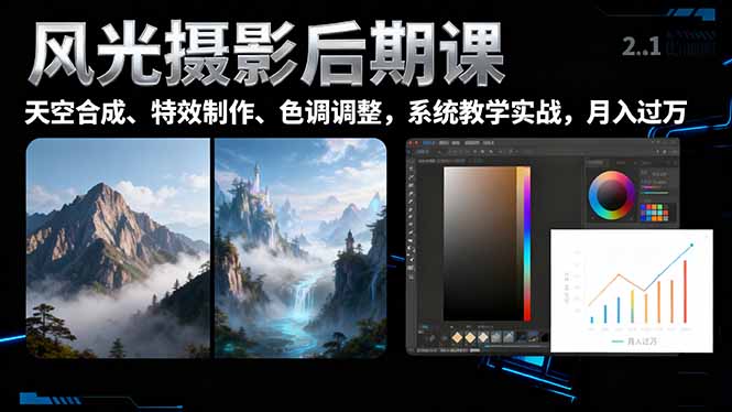 风光摄影后期课，一键换天空合成、特效制作、色调调整，月入过万-北风网赚