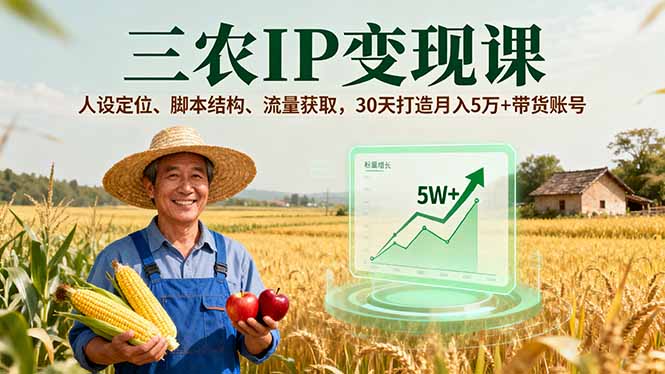 三农IP变现课，人设定位、脚本结构、流量获取，30天打造月入5万+带货账号-北风网赚