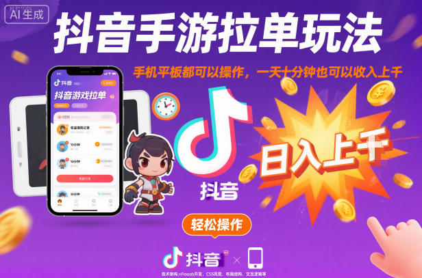 抖音手游拉单玩法,手机平板都可以操作,一天十分钟也可以收入上K【揭秘】-北风网赚