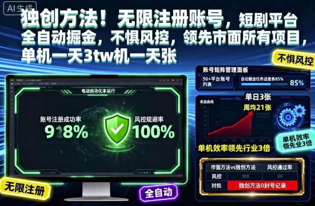 独创方法！无限注册账号，短剧平台全自动掘金，不惧风控，领先市面所有项目，单机一天3张【揭秘】-北风网赚